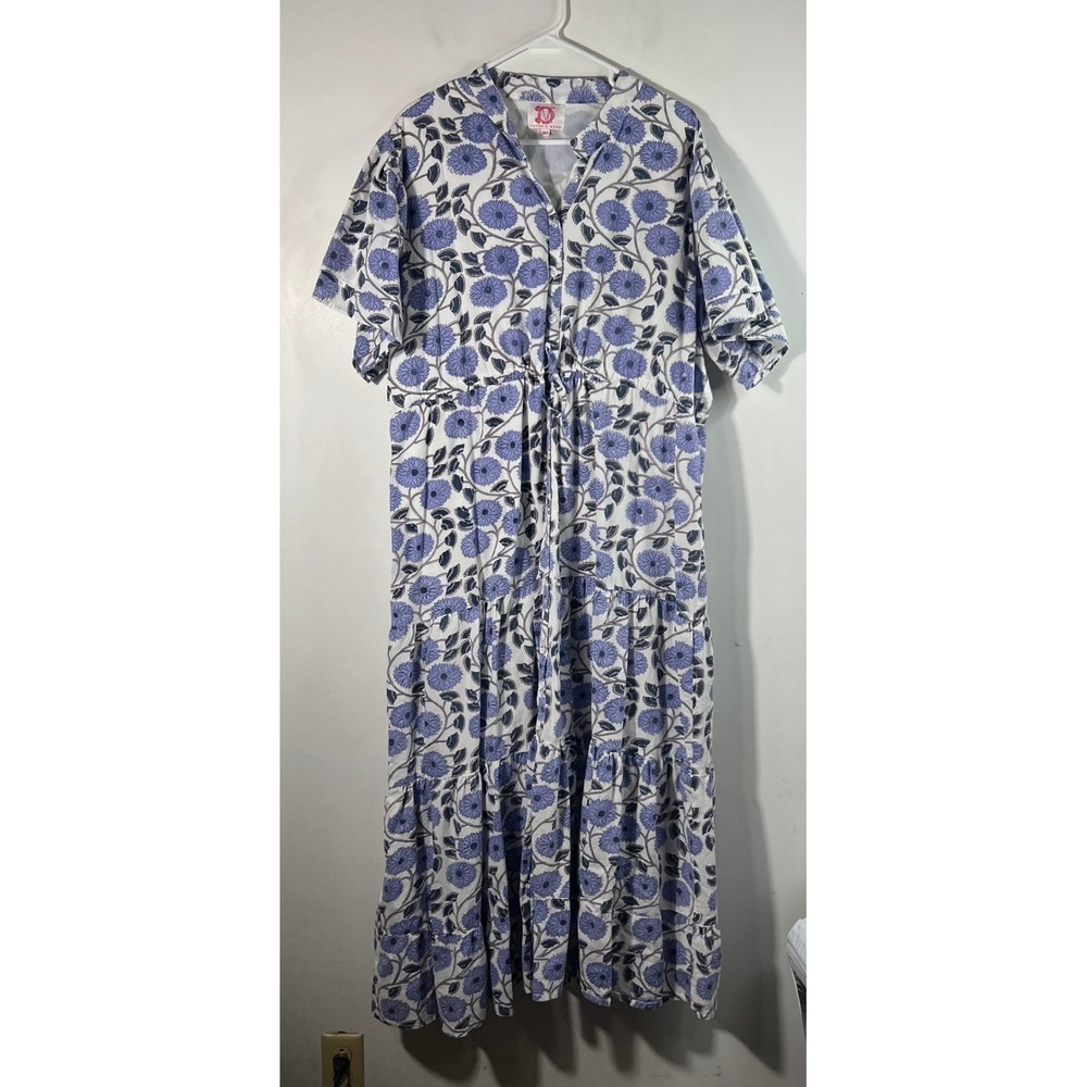 Victoria Dunn Tiered BlockPrint Maxi Floral Dress 3XL Blue White Cotton